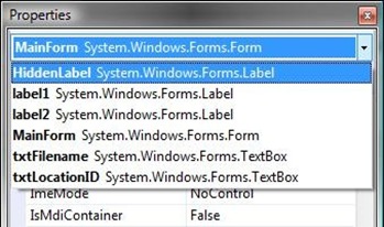 Properties window list of controls